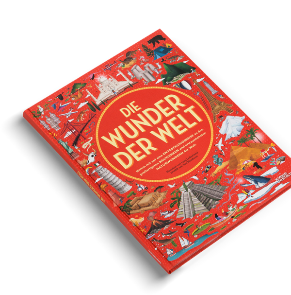 Buch Cover zeigt verschiedene illustrierte Weltwunder des Buches Die Wunder der Welt